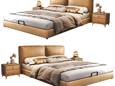  现代床 意式极简床 双人床 轻奢床 落地床 皮革床 轻奢床3d模型 