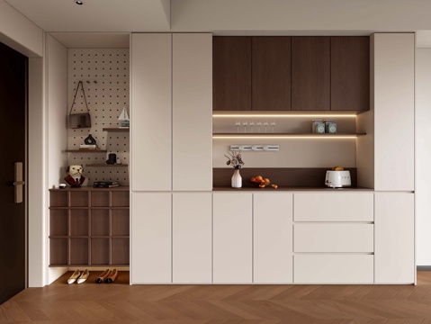 现代奶油中古风 入户鞋柜餐边柜   备餐柜  入户洞洞板鞋柜su模型