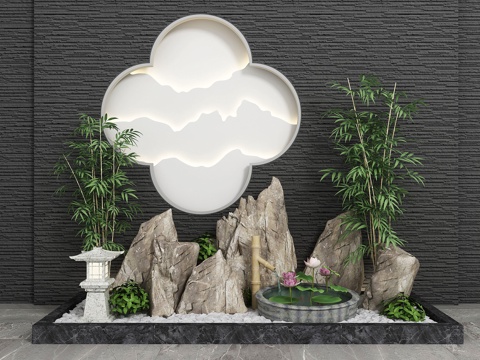  新中式园艺小品假山水景3d模型 