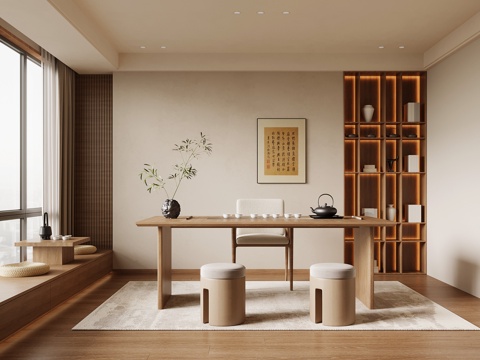 新中式茶室 茶桌椅su模型