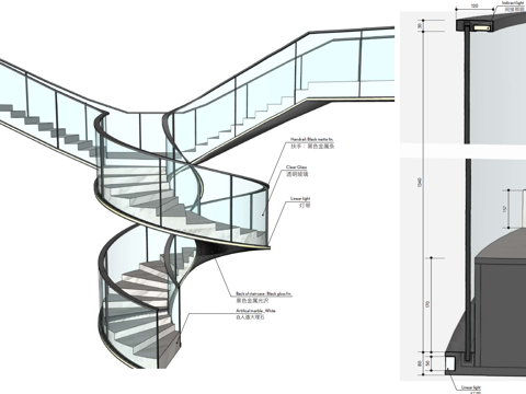 旋转楼梯大样详图、大型旋转楼梯、旋转楼梯玻璃扶手、钢结构旋转cad施工图