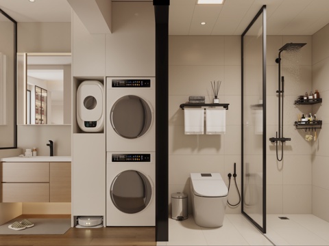  奶油风卫生间 卫生间洗漱用品 组合洗衣机 现代卫生间3d模型 