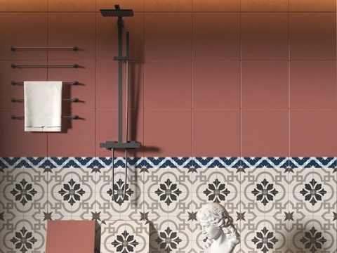 复古风拼花瓷砖 淋浴花洒 毛巾架su模型