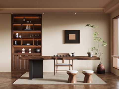 中古风茶室 茶台 茶桌椅 茶叶柜su模型