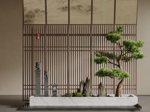 新中式小景观 花格隔断su模型