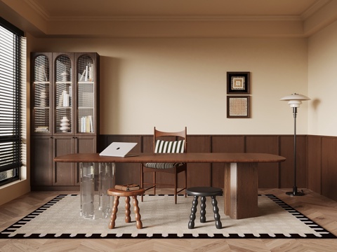 中古风书房 书桌椅 书柜su模型