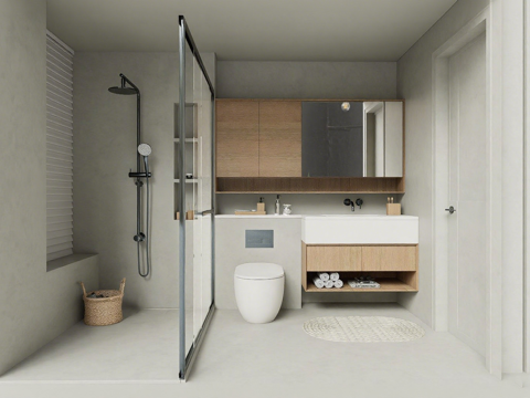 现代简约风格浴室 淋浴洗漱干湿分区 木质吊柜洗漱台su模型