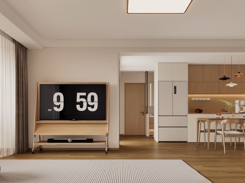  原木风客餐厅 奶油风客餐厅 现代客餐厅 组合酒柜 内嵌冰箱3d模型 