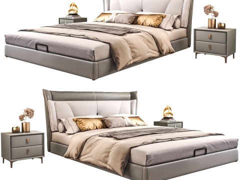  现代床 意式极简床 双人床 轻奢床 落地床 皮革床 轻奢床3d模型 