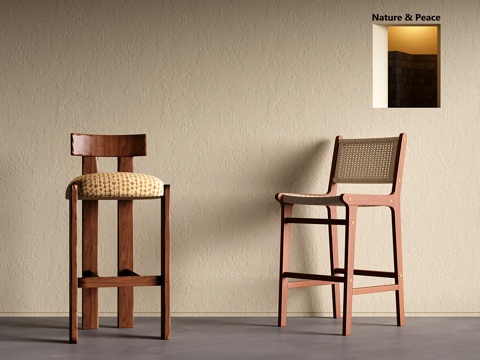 中古风吧椅 侘寂吧凳 木吧椅 高脚凳su模型