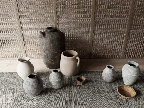 诧祭风陶制花瓶容器 陶艺家居摆设 编织屏风su模型