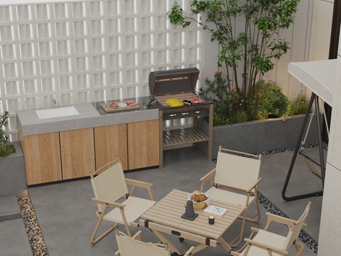  现代庭院花园 围墙镂空景观墙 户外烧烤台 操作台水吧台 餐桌3d模型 