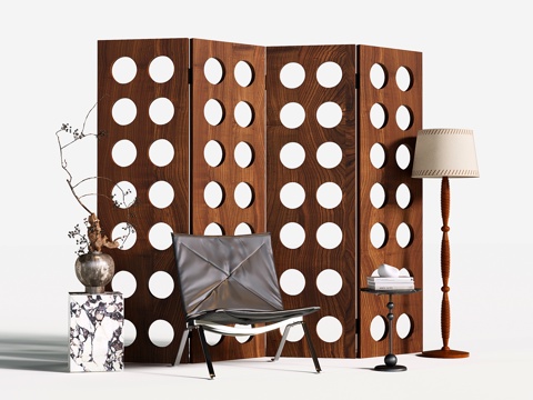 现代中古屏风 皮质休闲椅 落地灯su模型