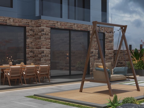  新中式庭院花园 柚木餐桌椅 吊椅秋千 双人组合3d模型 