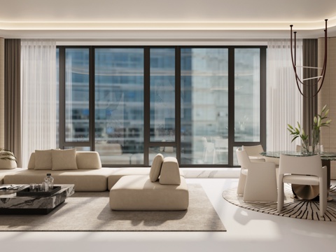 现代意式客餐厅 轻奢客餐厅 高级灰客厅 样板间客餐厅 大平层su模型