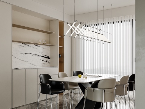 现代奶油餐厅 餐桌椅 吊灯su模型