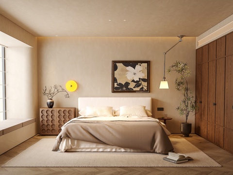 中古侘寂风卧室 双人床组合 床头柜 吊灯 绿植饰品摆件 背景su模型