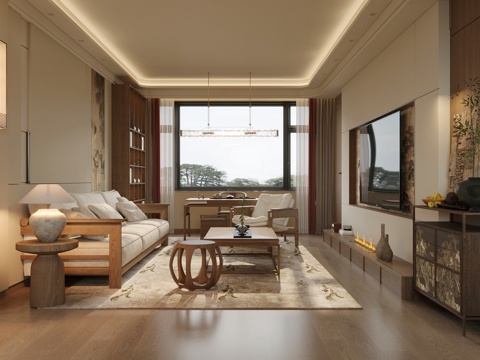 新中式禅意家居客厅 中式客厅 宋式美学客厅 无主灯客厅 凳子su模型