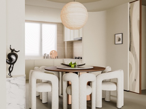 现代奶油餐厅 餐桌椅  吊灯su模型su模型