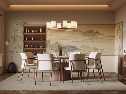 新中式包间 圆桌椅su模型