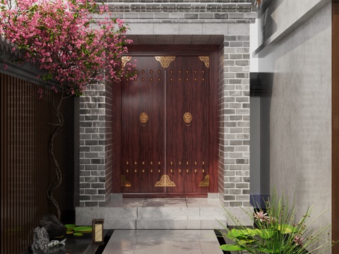  中式 新中式庭院景观 中式庭院大门 双开门 鱼池荷花水景 爬3d模型 