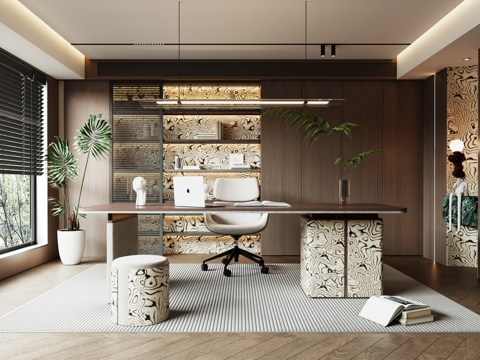 意式现代书房 意式书柜 书桌椅组合su模型