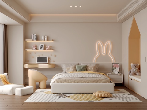 现代奶油风儿童房3d模型 