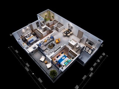  现代家装鸟瞰图 样板房轴测图 客餐厅 卧室 厨卫 两居室3d模型 