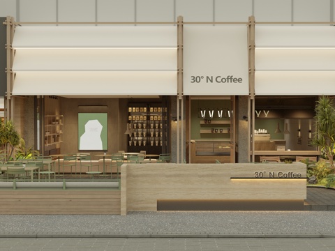 现代咖啡厅茶餐饮门头外观 餐饮店外摆su模型