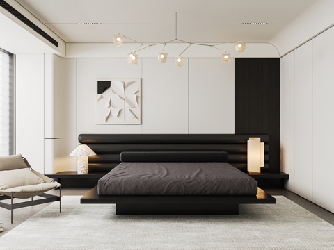 现代极简卧室 主卧 双人床 休闲椅su模型