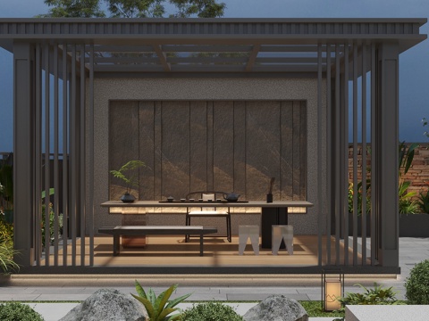  新中式庭院花园 阳光房 铝合金休闲亭 茶具 茶桌椅组合3d模型 