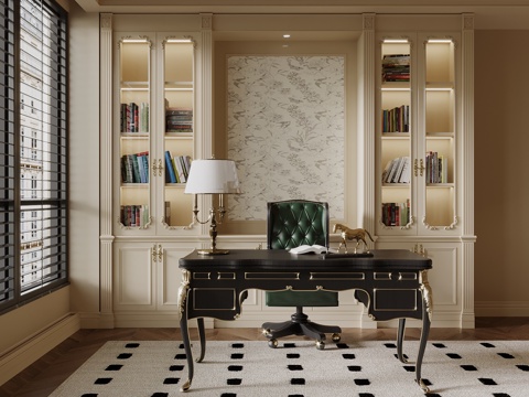 法式书房 书柜 书桌椅su模型