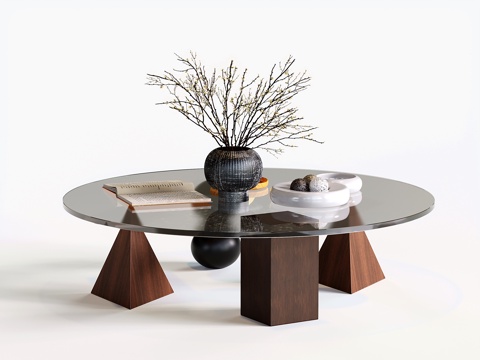 中古玻璃茶几 侘寂圆形茶几su模型