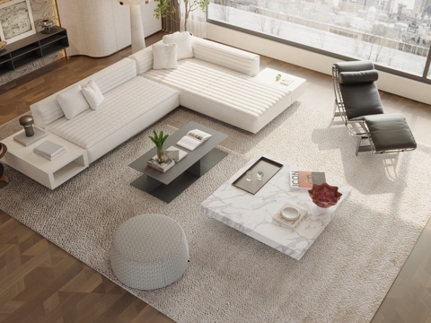 现代意式沙发组合 轻奢意式沙发组合 沙发茶几组合 多人沙发su模型