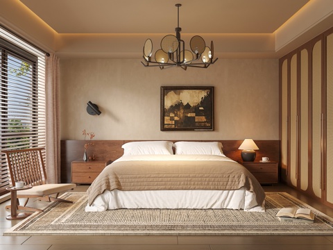 中古侘寂风卧室 双人床组合 床头柜 吊灯 绿植饰品摆件 背景su模型