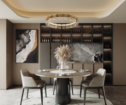 现代轻奢餐厅 圆餐桌椅组合 玻璃酒柜su模型