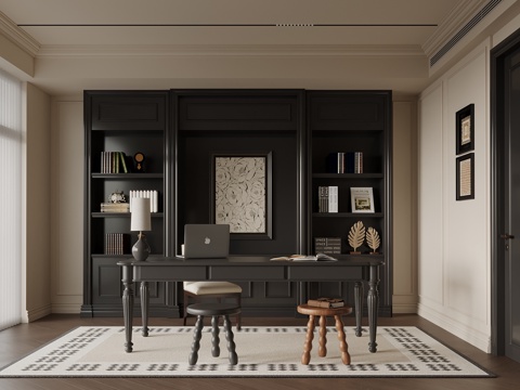 法式书房 书柜 书桌椅su模型