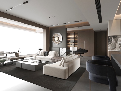 现代轻奢家居客厅 意式客餐厅 大平层客餐厅 黑白灰客厅su模型