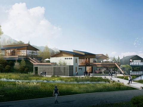 现代民宿接待中心 木制 斜顶su模型