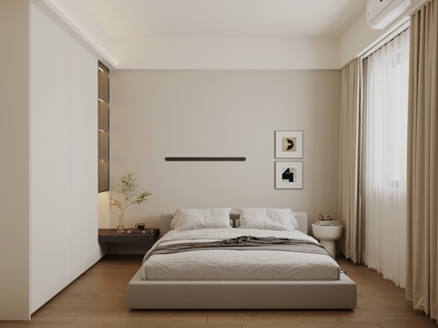 现代极简卧室 双人床 衣柜su模型