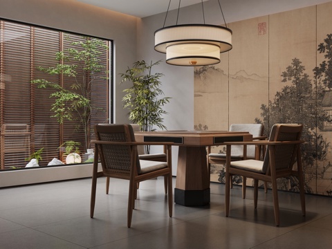 新中式棋牌室 麻将桌su模型