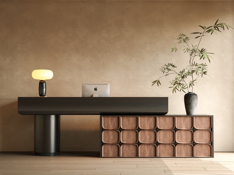  中古风前台 中古风 前台 接待 侘寂前台 收银台 花瓶花艺3d模型 