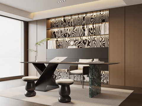 现代意式书房 书桌椅 书柜su模型