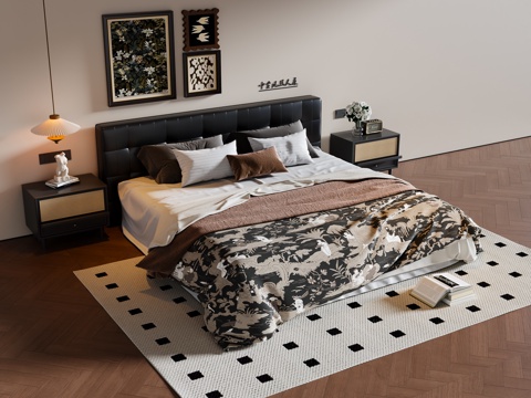 法式中古风双人床 皮质双人床 床头柜 挂画 地毯su模型