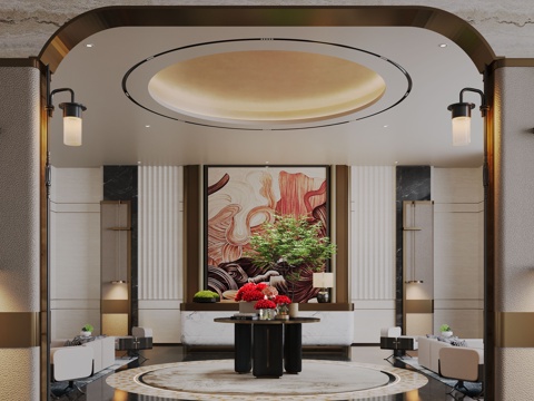 现代酒店大堂 花艺摆台 酒店前台su模型su模型