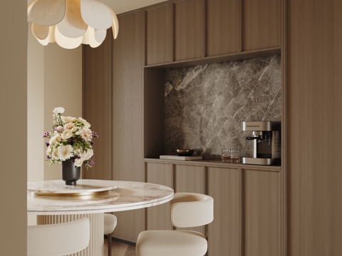 现代中古餐厅 原木风餐厅 圆餐桌椅组合su模型