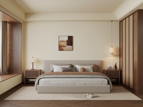 中古风卧室 双人床 衣柜su模型