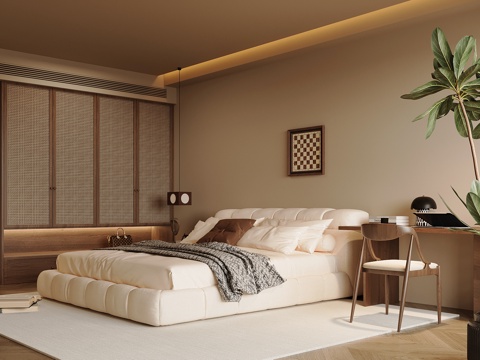 中古风卧室 双人床 衣柜su模型