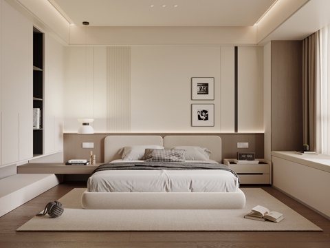 现代意式卧室  衣柜 双人床 飘窗 木饰面背景su模型