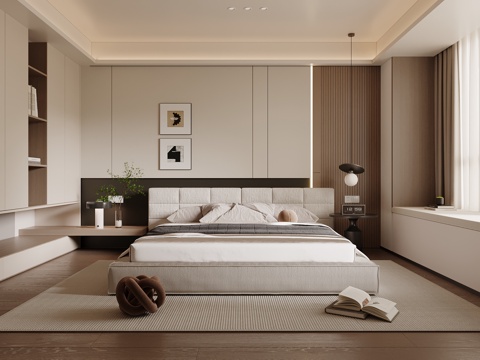 现代意式卧室  衣柜 双人床 飘窗 木饰面背景su模型